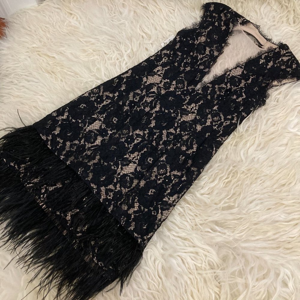 Aidan by Aidan Mattox V-Neck Cap-Sleeve Lace Cocktail Dress w/ Feather Hem - Picture 3 of 10